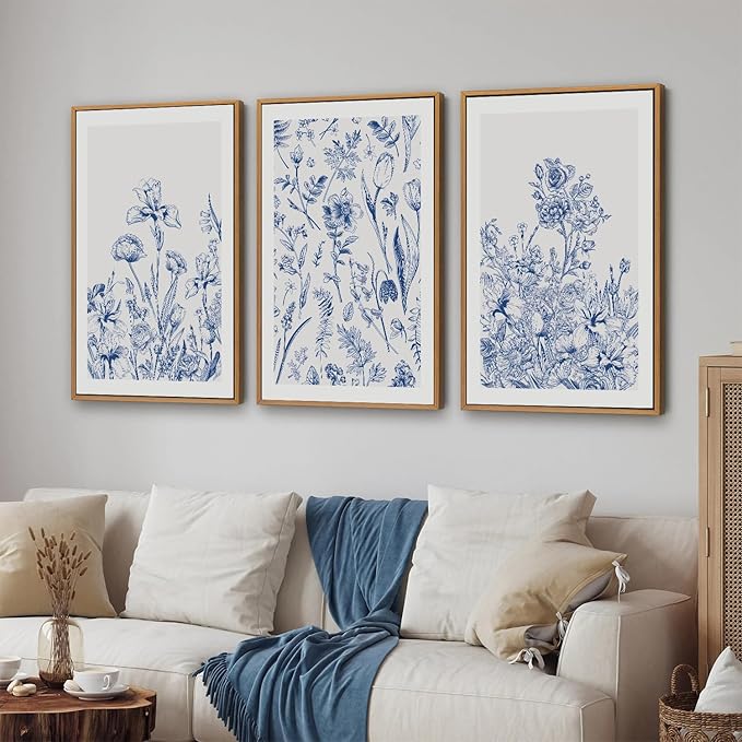 SIGNINART Classic Chinoiserie Framed Canvas Wall Art Set, Blue and White Floral Art Painting, Minimalist Botanical Flower Artwork, Navy Blue Wall Decor for Bedroom, Living Room, Office 16