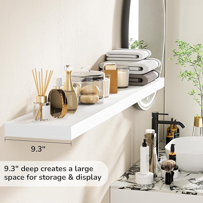 Fun Memories 55 Inch Floating Shelves - 9 Inch Deep Rustic Wooden Wall Shelves - Extra Deeper & Thicker Wall Mounted Storage Shelf for Living Room, Kitchen, Farmhouse - 55