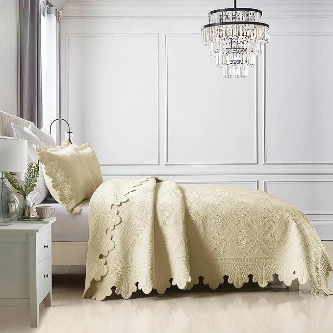 MarCielo 3-Piece 100% Cotton Oversized Bedspread Lightweight Quilt Coverlet Embroidery Farmhouse Bedding Set (Tk Beige Khaki, Oversized Queen (100
