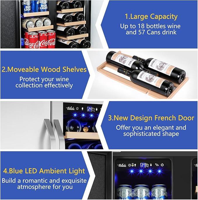 Wine and Beverage Refrigerator,24 Inch Dual Zone Wine Beverage Cooler, Built-in/Freestanding Beer and Wine Fridge with a Powerful Compressor, 20 Bottles and 88 Cans Capacity