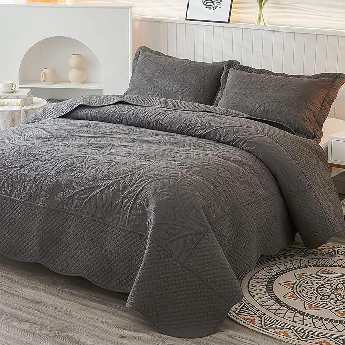 MarCielo 3-Piece 100% Cotton Oversized Bedspread Lightweight Quilt Coverlet Embroidery Farmhouse Bedding Set T0 (Dark Grey, Oversized Queen (100