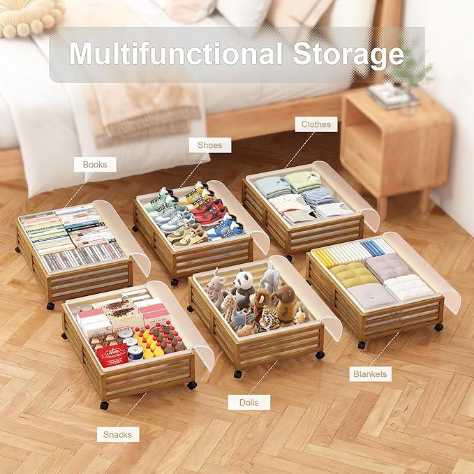 Under Bed Storage with Wheels-Large Bamboo Underbed storage Containers with Large Dust Bag Stackable Under the Bed Shoe Storage Bins for Clothes Books Bedding (2 Packs walnut, 23.62