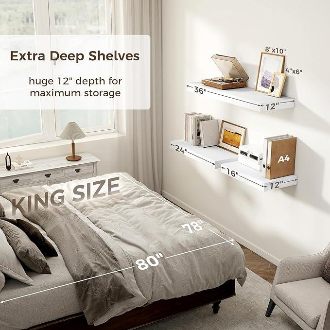 12 Inch Deep White Floating Shelves, 16 x 12 Floating Shelf for Books, Rustic Wood Deep Wall Shelves for Home Storage & Display, 2