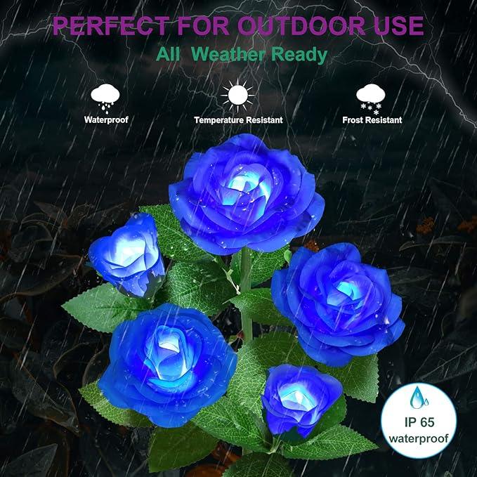 Solar Flower Lights Outdoor - Upgraded New Material Two Modes Realistic LED Solar Powered Waterproof Lights with 5 Roses, Solar Decorative Stake for Garden (Blue, 2 Pack)