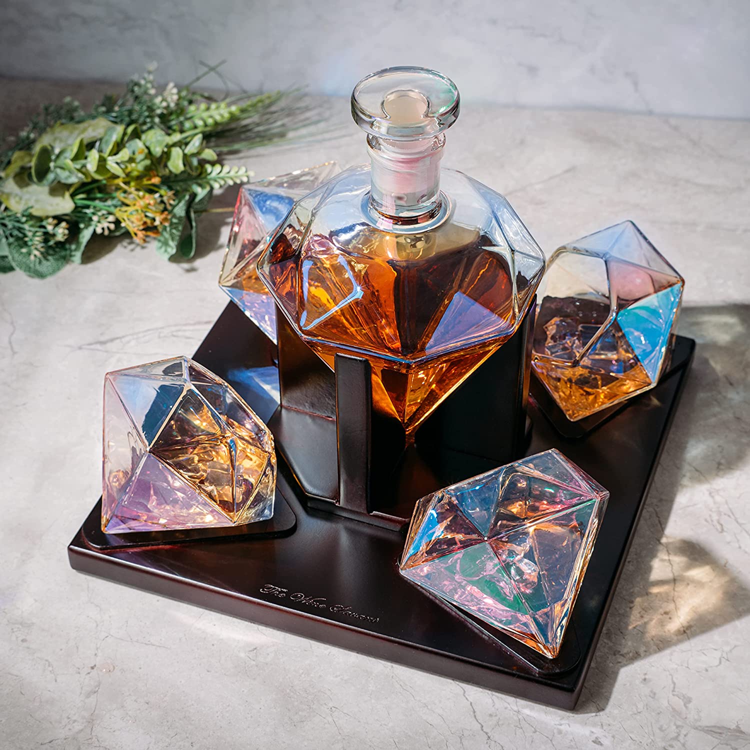 Diamond Iridescent Whiskey and Wine Decanter, Great Gift! 750ml With 4 Diamond Glasses and Beautiful Mahogany Wooden Holder Liquor, Scotch, Rum, Bourbon, Vodka, Tequila Decanter