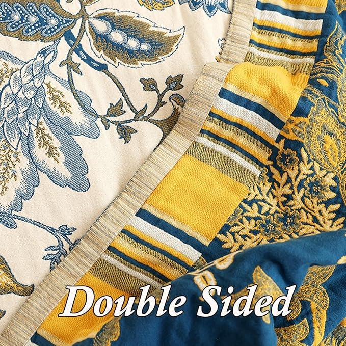 Snycler Boho Throw Blanket for Bed - 100% Cotton Ultra Soft Rustic Quilt - White Blue Floral Printed Farmhouse Decor Bed Blankets, 80