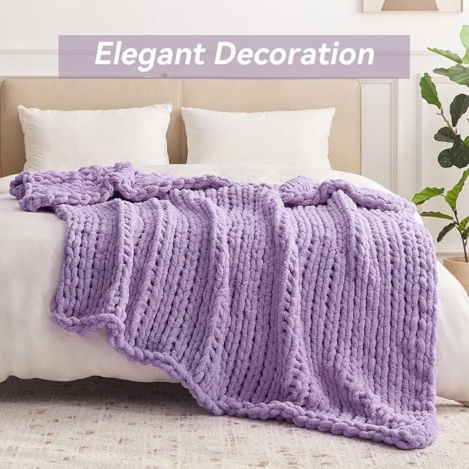 Chunky Knit Throw Blanket, 60''*80'' Knitted Throw Chenille Yarn for Bed Couch, Handmade Light Purple Crochet Big Thick Blanket, Machine Washable Cute Comfy Blanket for Home Decor