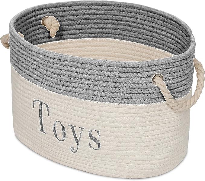 Embroidered Tote Bin - Storage Basket for Nursery - Large Storage Box - Organizing Bedroom, Closet, Classroom (White Toys Basket)