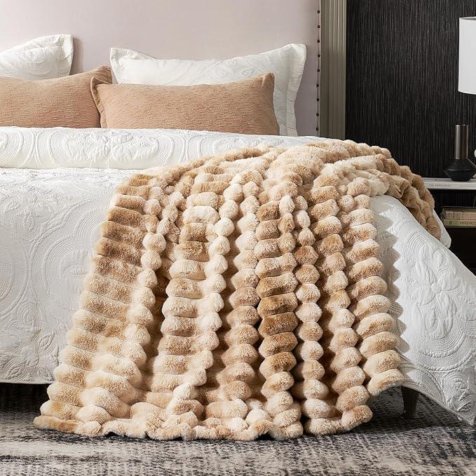 Cozy Bliss Faux Fur Throw Blanket for Couch, Cozy Warm Plush Striped Blanket for Sofa Bedroom Living Room, 50 * 60 Inches Tie-dye Kahki
