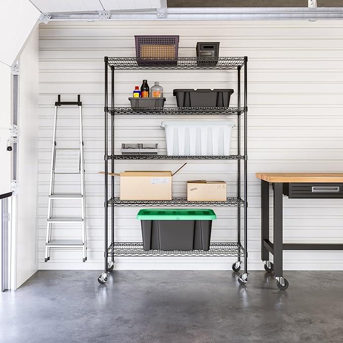 Seville Classics UltraDurable Heavy Duty NSF Solid Steel Wire Rack Storage Unit, Organizer for Garage, Warehouse, Office, Restaurant, Classroom, Kitchen, Black, 5-Tier Shelving, 48