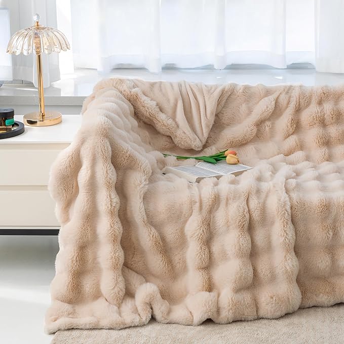 RYNGHIPY Faux Fur Blanket for Couch Fluffy Warm Throw Blanket for Sofa Bed Thick Furry Bubble Blanket (Camel, 51''x63'')
