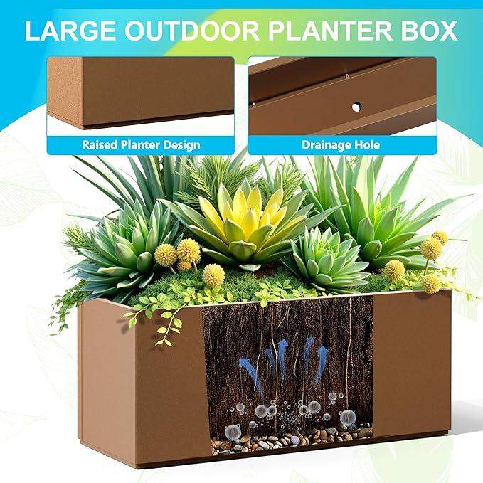 FENCY Large Metal Planter, Large Rectangular Planters for Outdoor Plants, Tall Outdoor Planters for Porch Patio, 38