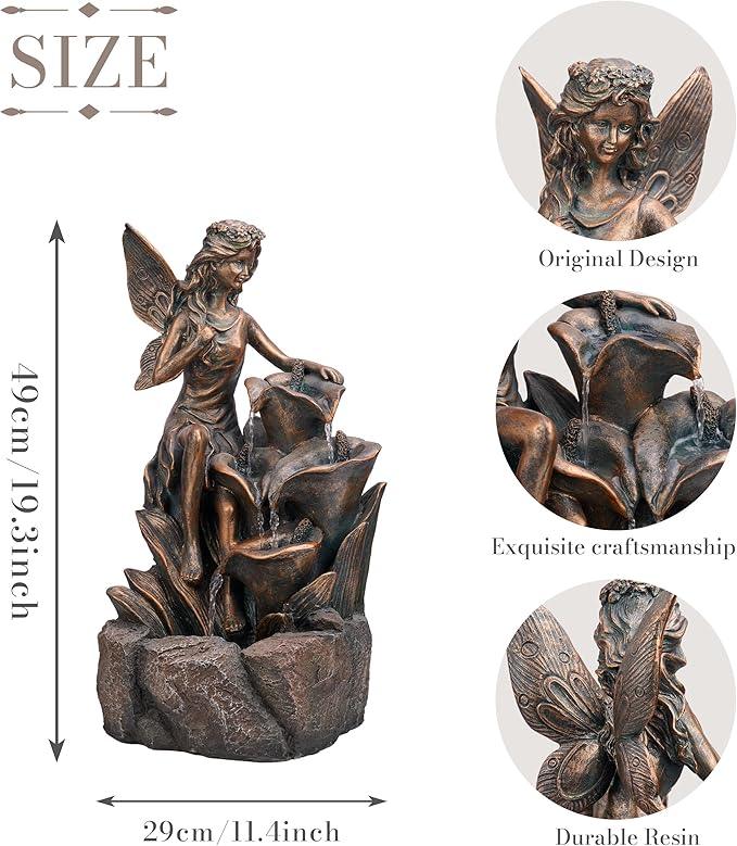 TERESA'S COLLECTIONS Water Fountain Outdoor Fairy Garden Statues with LED Lights and Pump, Large Floor Waterfall Backyard Water Fountains Porch Living Room Home Decor, Housewarming Gifts for Mom 19.3