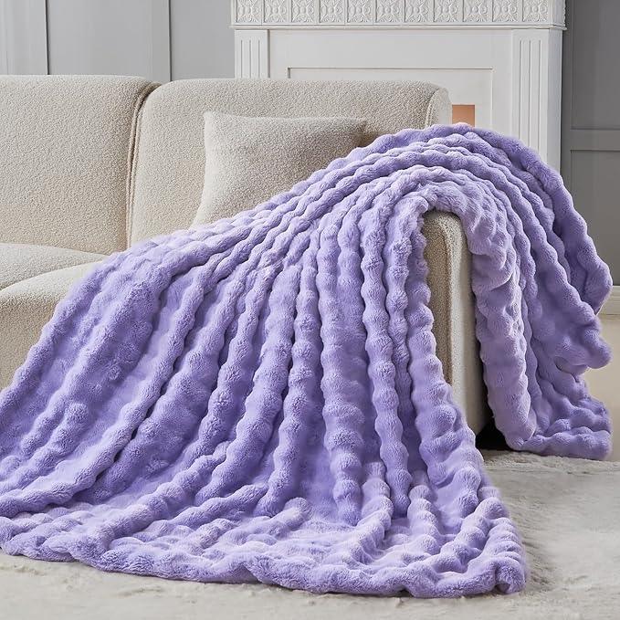 NEWCOSPLAY Faux Fur Twin Blanket Lavender Bubble Blanket Thick Warm Soft for Couch Sofa Bed 550GSM (Lavender, Twin(60