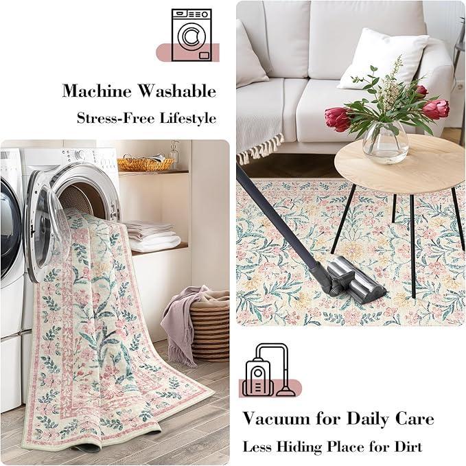 Wonnitar Floral Large Rugs for Living Room, Soft Light Pink Rug Washable 9x12 Carpet Non Slip, Boho Foldable Non-Shedding Kids Carpet for Bedroom Girls Nursery Dorm Playroom