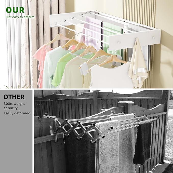 Wall Mounted Drying Rack for Laundry 40'', Folding Drying Rack Clothing Wall Mount with 5 Rods and 6 Hooks, Space Saving for Indoor Outdoor Bathroom Balcony (White, 40'')