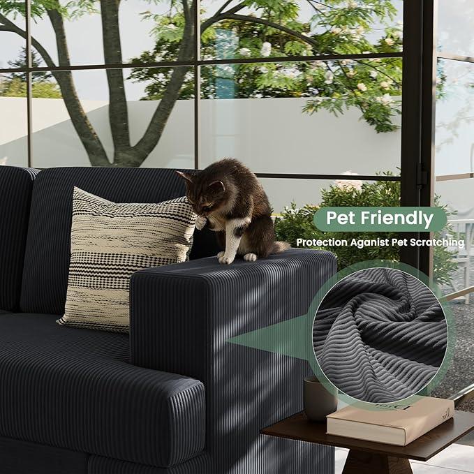 3 Pieces Corduroy Couch Set for Living Room, 8 Seats Cloud Sofa, Deep Seat Floor Couch for Bedroom, Futon Modern Sofa Sectional Bed, Black Corduroy
