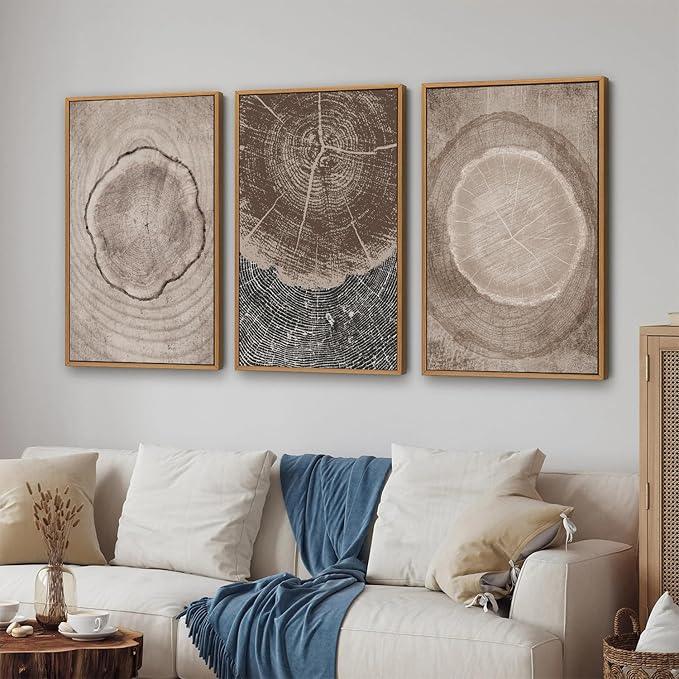 SIGNINART Beige Tree Ring Framed Canvas Wall Art Set, Abstract Black and White Rustic Wood Wall Decor, Neutral Wood Stump Artwork, Modern Art Prints for Bedroom Living Room Office 16