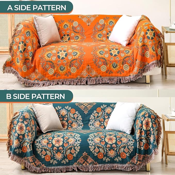 Throw Blanket for Couch Bed Chair,100% Cotton Soft Lightweight Blanket Rustic Quilt -Orange Floral Printed Farmhouse Decor Bed All Season Blankets,90