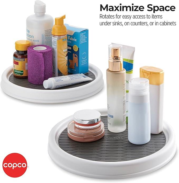 Copco 9 Inch Non Skid Pantry Cabinet Lazy Susan Turntable, Set of 2, Spinning Organizer for Kitchen, Countertop, or Bathroom, White and Gray