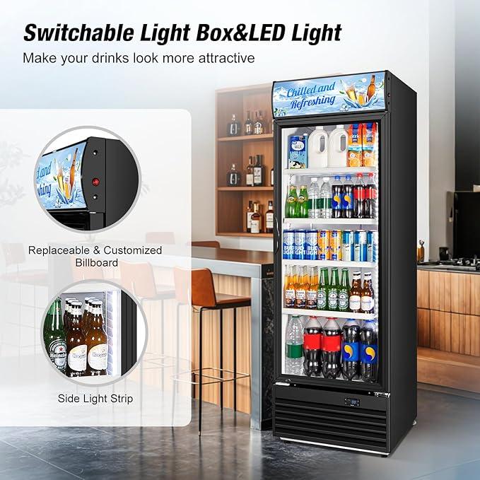 Commercial Beverage Refrigerator, 24 Inch Beverage Fridge, 15 Cu. Ft. Drink Fridge, Display Refrigerator Glass Door, Commercial Display Fridge with Customizable Light Box for Shops, Restaurants, Bars