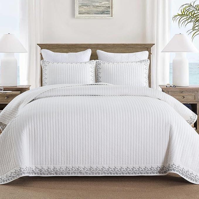 MarCielo 3-Piece 100% Cotton White Striped Quilt Set with Botanical Edge Embroidery TC(Sakura White,King(106