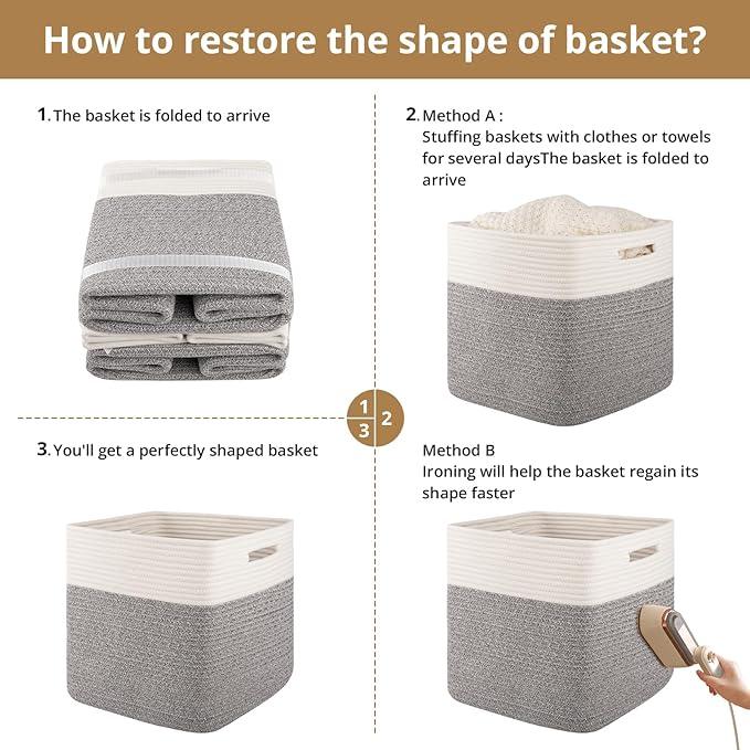 OIAHOMY 13 Kallax Inch Cube Storage Bins, 3-Pack Cotton Rope Woven Baskets for Organizing, Kallax Insert Storage Baskets for Shelves, Baby Nursery, Closet Organizer, 13*13*12.6IN, Grey & White