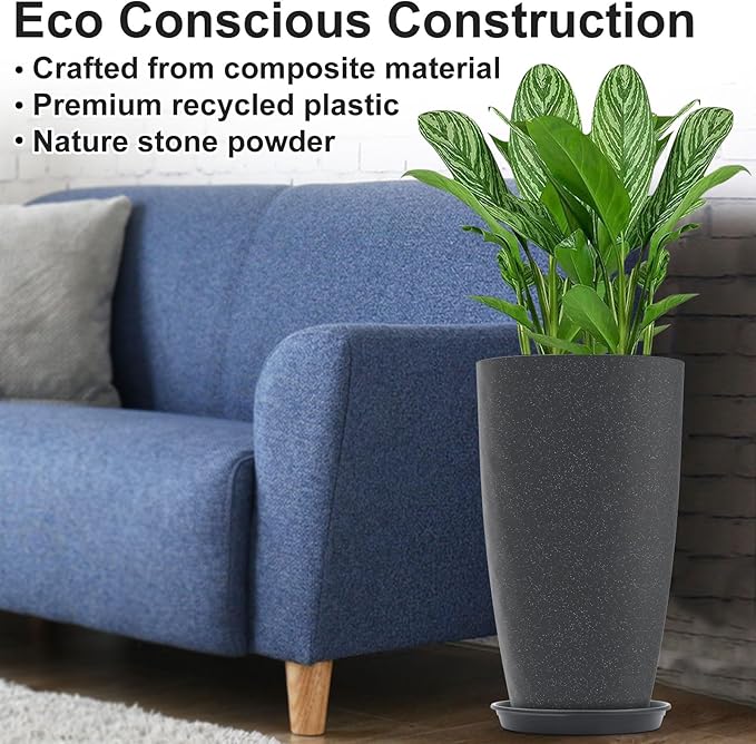 GameXcel Tall Flower Pot Indoor - Outdoor Plant Pot - Black Glossy Planter - Elegant Stone Imitation - 12