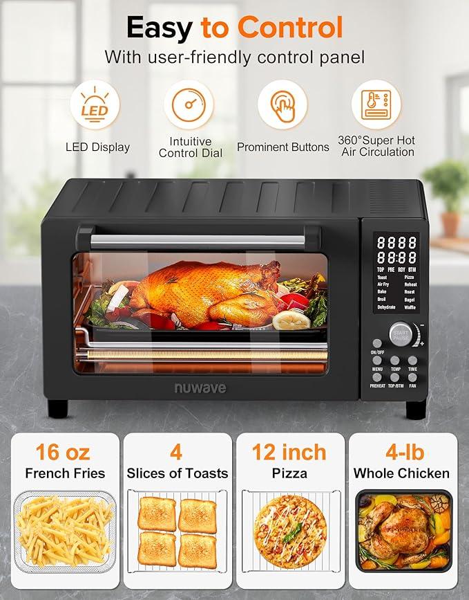 Nuwave Bravo Pro Smart Air Fryer Toaster Oven Combo, Airfryer Convection Oven Countertop, 12-in-1 Functions with Quicker & Even Crisp Technology, 1800W, 50-450°F, PFAS-Free, 21QT, Black