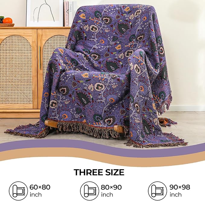 Boho Throw Blanket for Bed,100% Ultra Cotton Soft Breathable Bed Throw Floral Printed Farmhouse Decor Rustic Bed Throws for Couch Sofa Quilt Purple Flowers 60