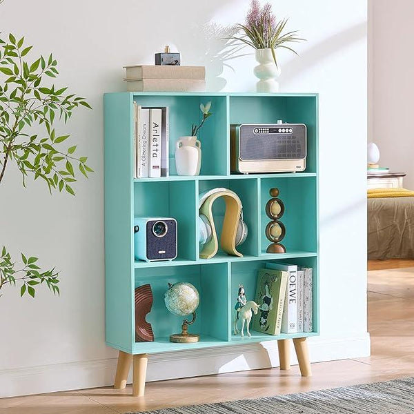 LEYAOYAO 7 Cube Bookshelf 3-Tier Bookcase with Legs, Mint-Green Kids Book Shelf Cute Storage Organizer, Toy Shelves Bookshelves,Wood Display Bookcases
