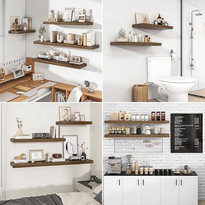 RICHFOCUS 36Inch Floating Shelves for Wall 2 Pack Shelves for Bedroom|Kitchen|Bathroom Wall Mounted Rustic Wood Floating Shelf with Invisible Brackets for Books|Storage|Decor, Walnut