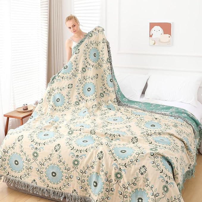 Snycler Boho Throw Blanket for Bed - 100% Cotton Ultra Soft Rustic Quilt - Blue Boho Floral Printed Farmhouse Decor Bed Blankets, 80