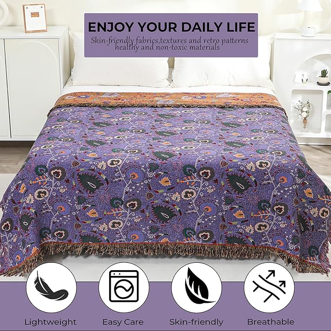 Boho Fall Throw Blanket for Bed Purple Flowers，100% Ultra Cotton Soft Breathable Bed Throw Floral Printed Farmhouse Decor Rustic Bed Throws for Couch Sofa Quilt 90