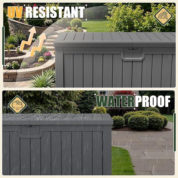 JUMMICO 250 Gallon Outdoor Resin Deck Box with Divider, Waterproof Storage Box with Lockable Lid&Side Handles for Garden Tools, Pools Supplies (Gray)