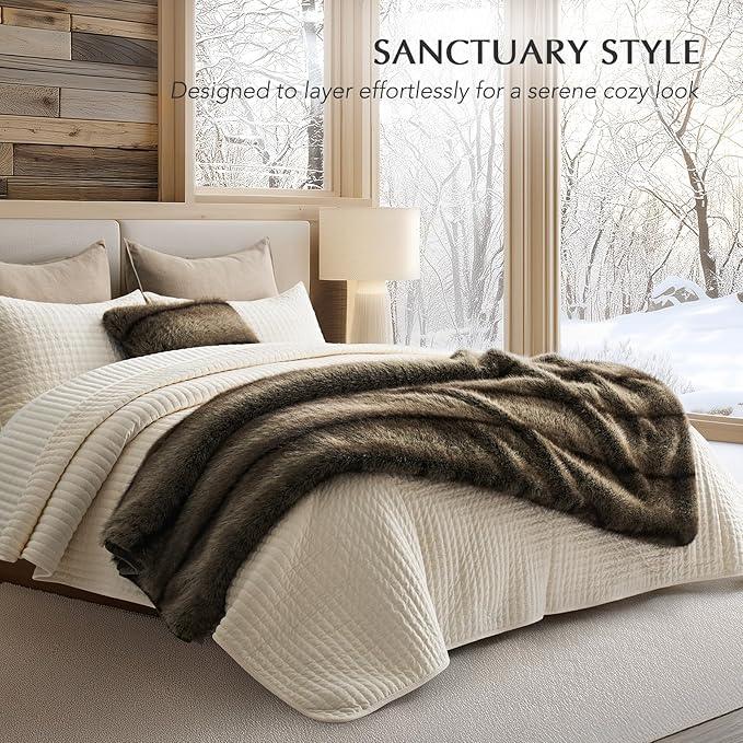Luxury Faux Fur Throw Blanket, Soft Fluffy Faux Mink Blankets for Bed, Couch, Sofa, Thick Cozy Plush Warm Fur Throws with Reversible Velvet, Ombré Sable Brown, 50