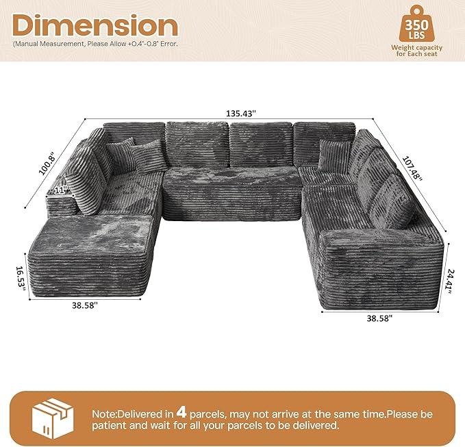 Cloud Sectional Couches for Living Room,U Shaped Modular Sofas No Assembly,135x100 Inches Plush Corduroy Oversized Floor Couch Set with Deep Seat Chaise,Grey