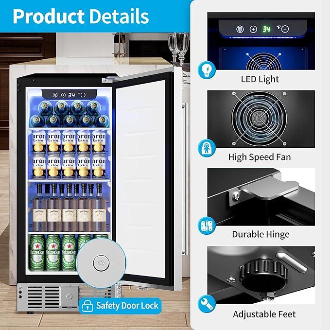 15 Inch Undercounter Beverage Refrigerator - 126 Cans Beverage Fridge with Stainless Steel Door for Beer Wine Soda - Built-in or Freestanding Wine Cooler for Home Kitchen Bar