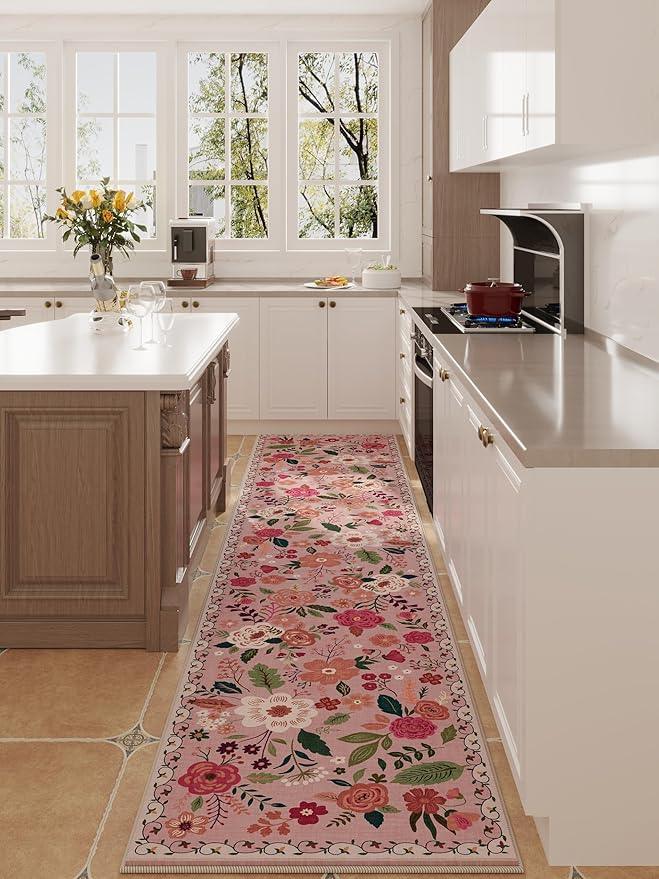 Runners for Hallways Kitchen Runner Rug Non Slip 2'x 10' Long Washable Rugs with Rubber Backing Soft Floral Carpet Runner for Hallways, Kitchen, Laundry, Bedroom, Bathroom(Pink)