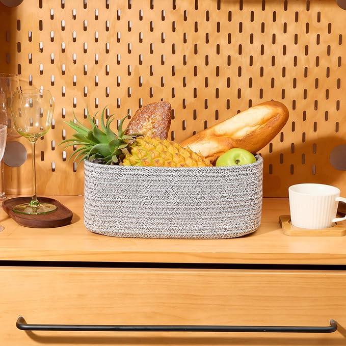 Small Storage Baskets for Organizing | Closet Organizer Bins | Shelf Toy Basket | Woven Rope Baskets | Cube Decorative Box | Shallow Basket | 11.5x7.5x4.7” | 3 Packs Mixed Grey