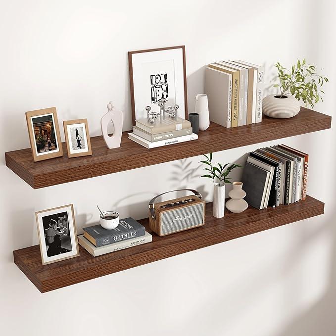 Floating Shelves - 2 Large Wall Mounted Shelves with Invisible Brackets, Long Walnut Wood Floating Wall Shelf for Living Room, Bedroom, Kitchen (48