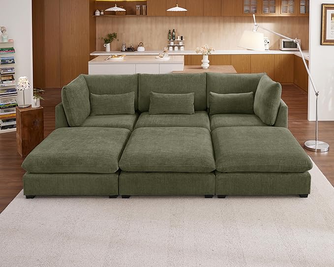 Oversized Modular Sofa, Extra Deep Cloud Chenille Sectional Couch with Ottoman Chaise, Fluffy Chenille 6 Seater Couch Bed for Living Room, Villa (Sofa Bed 6 Seater, Chenille Green)
