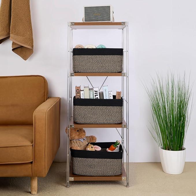 Large Storage Baskets for Shelves, Closet Organizers Bins for Clothes Blanket Towels, Baby Nursery, Toy Baskets Box, Woven Rope Baskets, 17 x 13 x 7.5”, 3 Packs Woven Brown