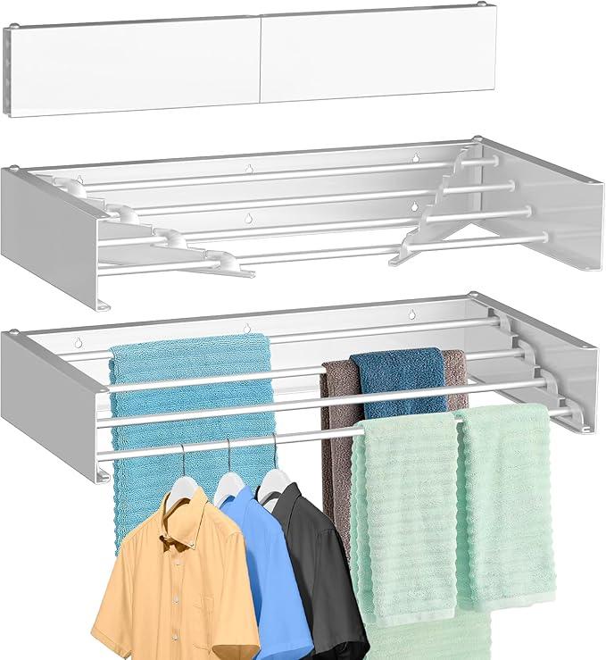 FOCHIER F Laundry Drying Rack Wall Mounted Clothes Drying Rack Collapsible with 4 Aluminum Rods and Drilling Template Long Screwdriver Bit 60 lbs Capacity (White, 23.6