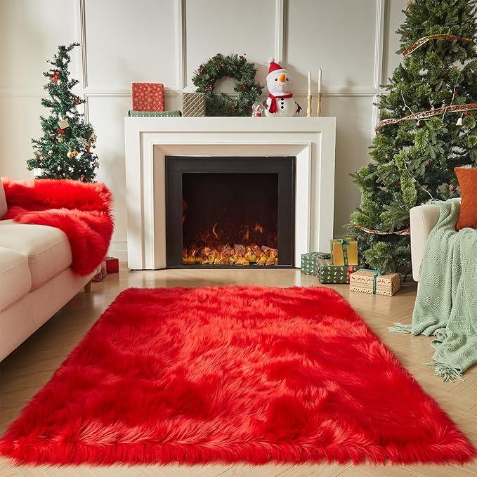 AMTOVO Faux Fur Sheepskin Rug for Living Room, 4 x 6 ft Red Fluffy Area Rug for Bedroom, Playroom, Luxury Room Decor, Rectangle