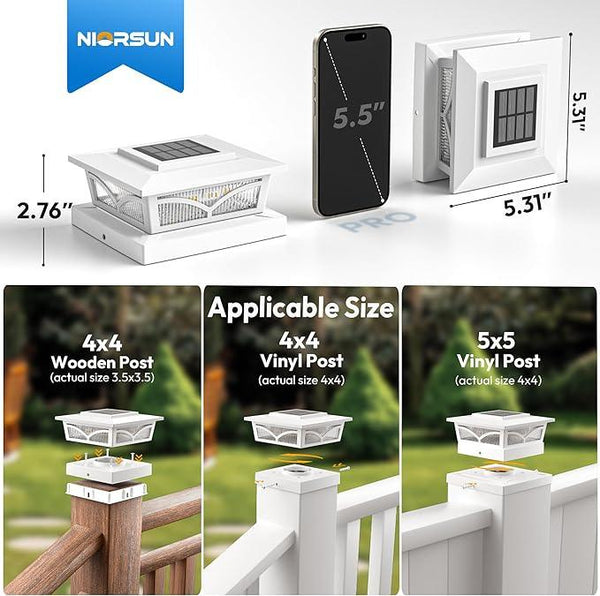 NIORSUN Solar Post Cap Lights Outdoor, 2 Modes LED, Deck Fence Post Solar Lights for 3.5x3.5 4x4 Wood Vinyl, 5x5 Vinyl Caps Patio Garden Decoration, Warm White/Cool White Lighting White 6 Pack