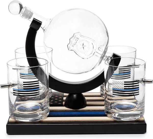 Police Officers Decanter - Whiskey and Wine Set 850ml & Four 10oz Glasses, Thin Blue Line Flag Base - Law Enforcement Gifts, Police & Police Academy, Gift Set First Responders! Gifts for Dad