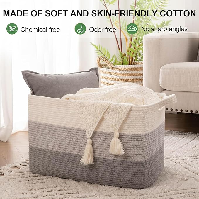 OIAHOMY Rectangle Woven Storage Basket - Nursery Cotton Rope Baskets for Storage, Toy Basket Organizing for Living Room, 17.7