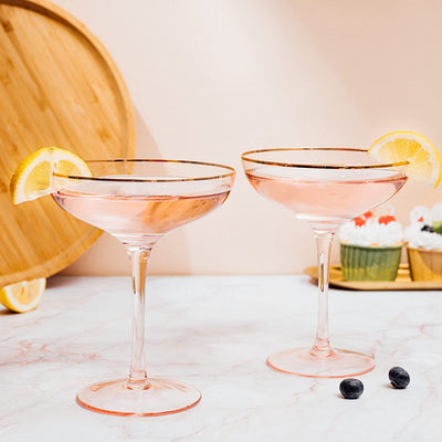 The Wine Savant Colored Blush Pink & Gilded Rim Coupe Glass, Large 9oz Cocktail & Champagne Glasses 2-Set Vibrant Color Short Gold Vintage Tumblers, No Stem Margarita, Glassware Gift Idea (Coupe)