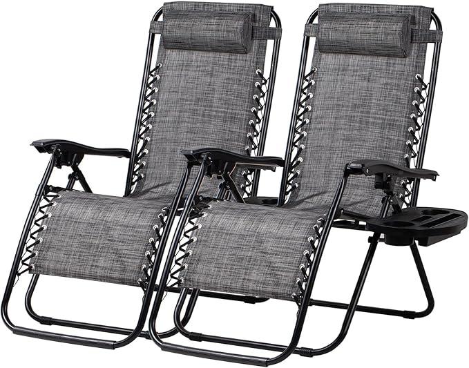 Nazhura Set of 2 Relaxing Recliners Patio Chairs Adjustable Steel Mesh Zero Gravity Lounge Chair Beach Chairs with Pillow and Cup Holder(Grey)